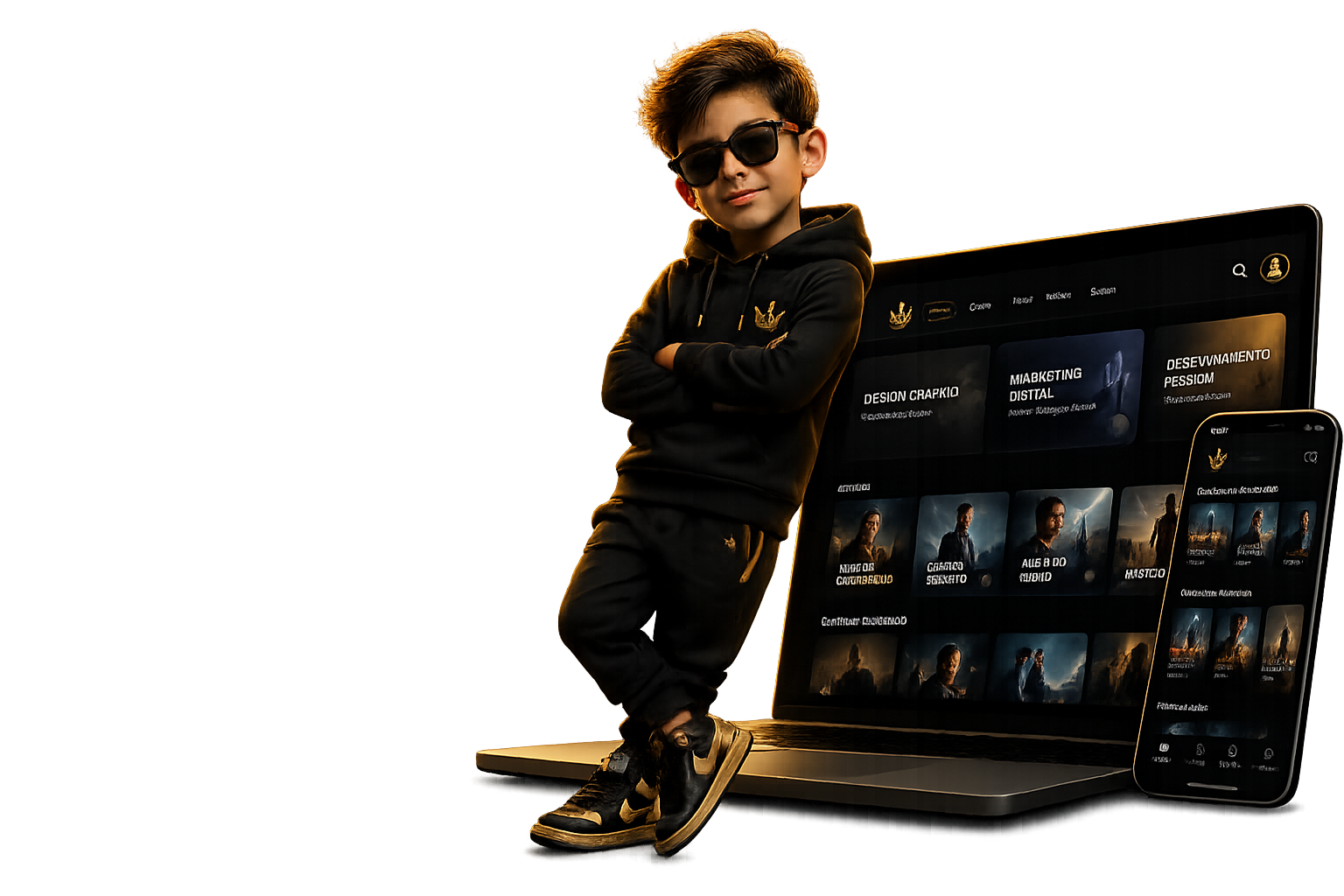 Mascote do Clube Premium ao lado da plataforma em notebook e celular